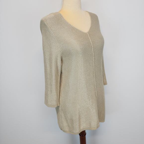 Chicos 2 Slanted Hem Heidi Sweater Size L Tan Metallic Slub Knit Chic Neutral - Picture 2 of 15